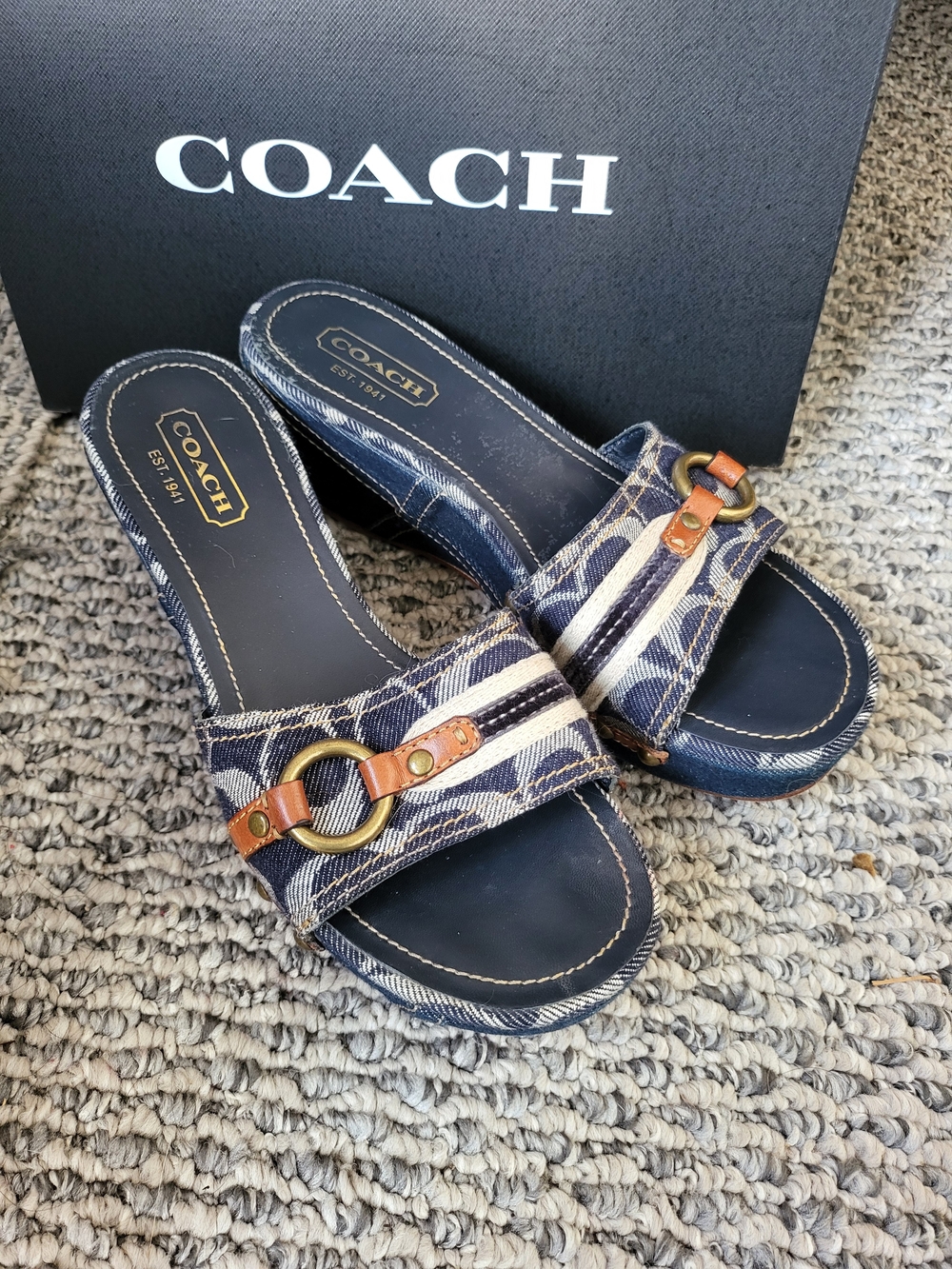 Coach Navy Patterned Slide Sandals with Tan Leather and Brass Ring